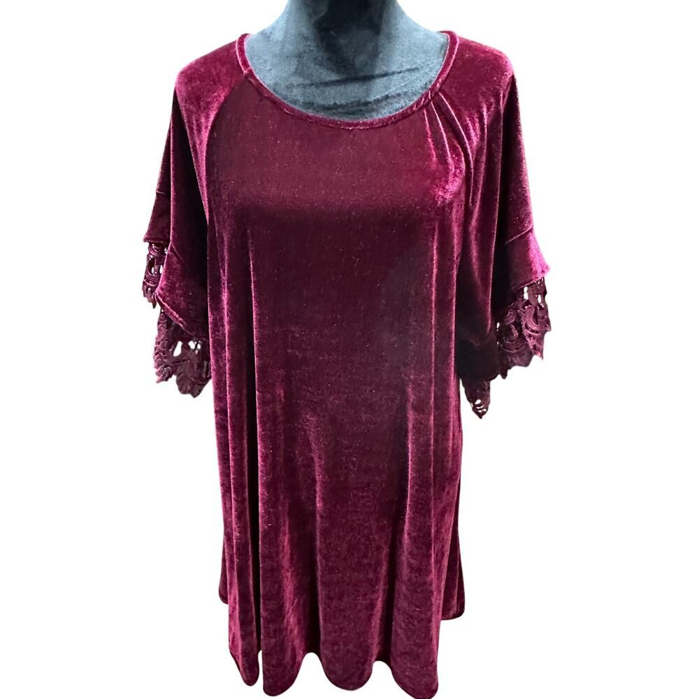 Umgee Dress Velvet Shift Lace Trim Short Burgundy S Party Wedding guest